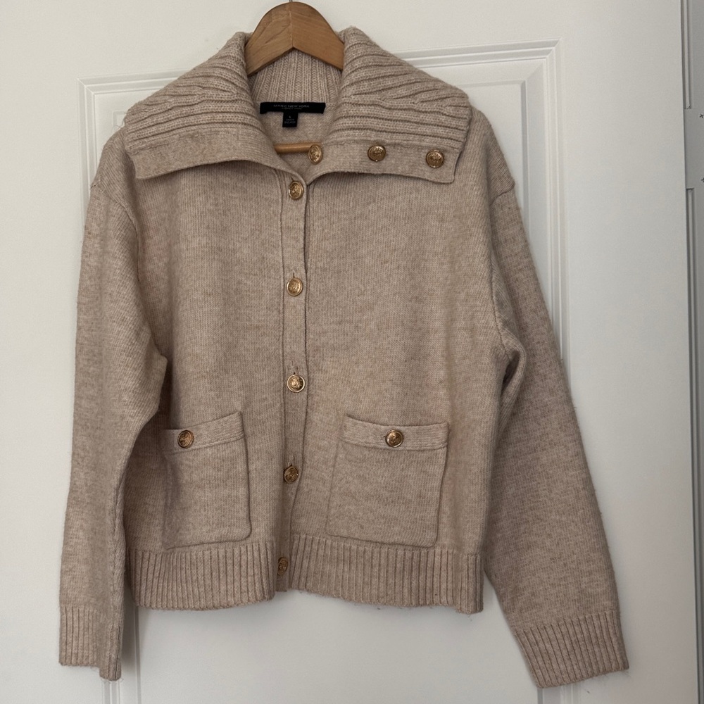 Marc New York Andrew Marc Beige Knit Cardigan Sweater Gold Button Collar Size L